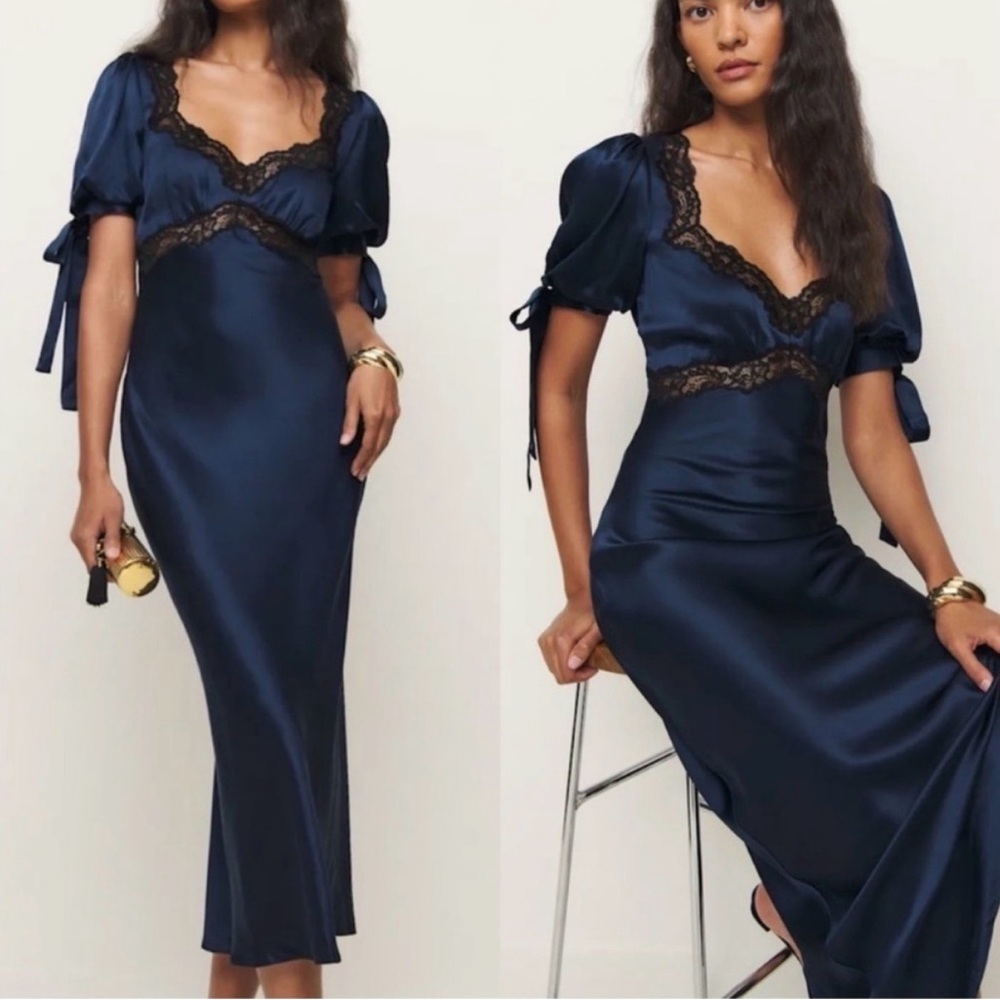 Reformation x Kacey Musgraves Stella Navy Silk Dress